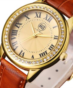 Aibi Retro Brown Leather Strap Quartz Women's Gold Watches With Jewelry Bezel - $27.95