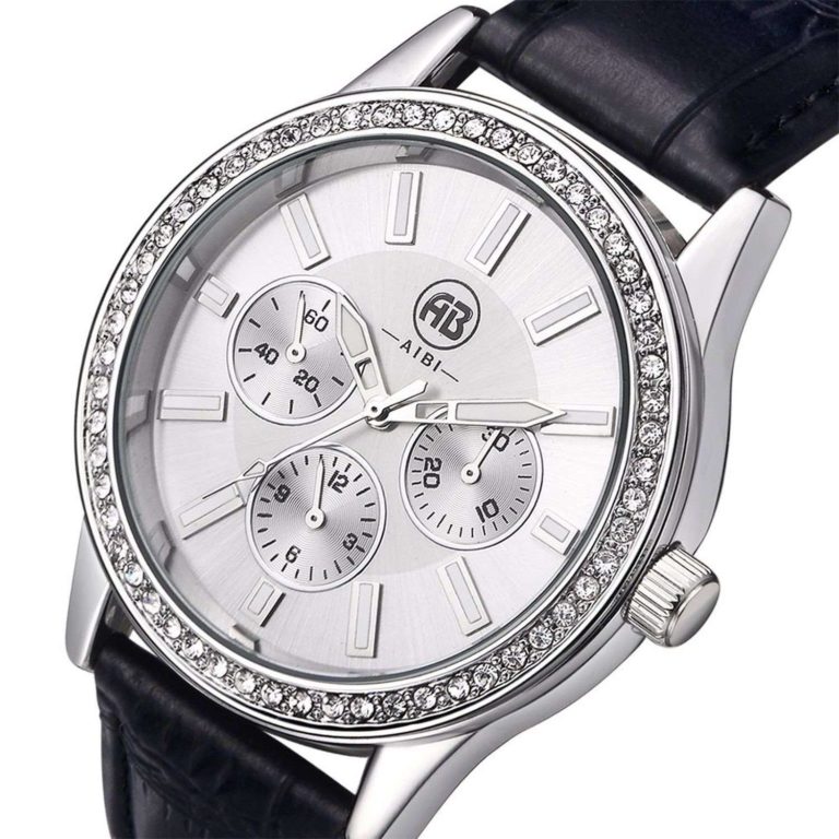 Aibi Crystal Waterproof Quartz Mens Watches With Black Leather Strap - $24.95