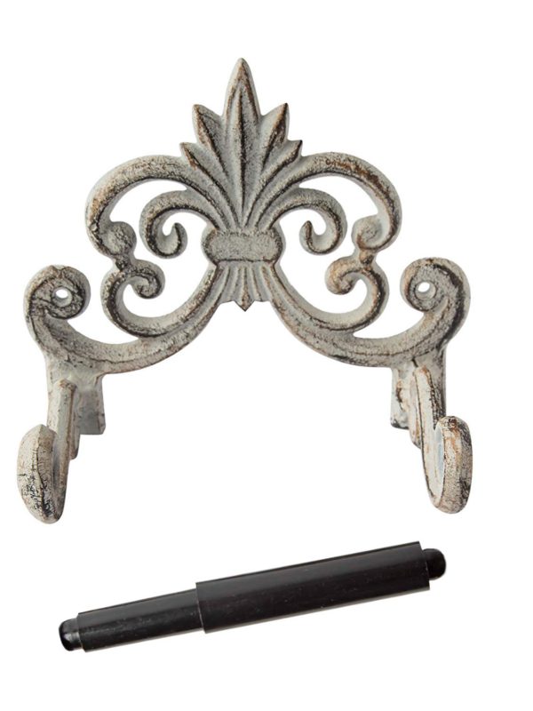 Comfify Fleur De Lis Cast Iron Toilet Paper Roll Holder - Cast Iron Wall Mounted Toilet Tissue Holder - European Vintage Design - 6.75" x 6.25" x 4.25” - with Screws and Anchors (Antique White) Antique White - $23.95