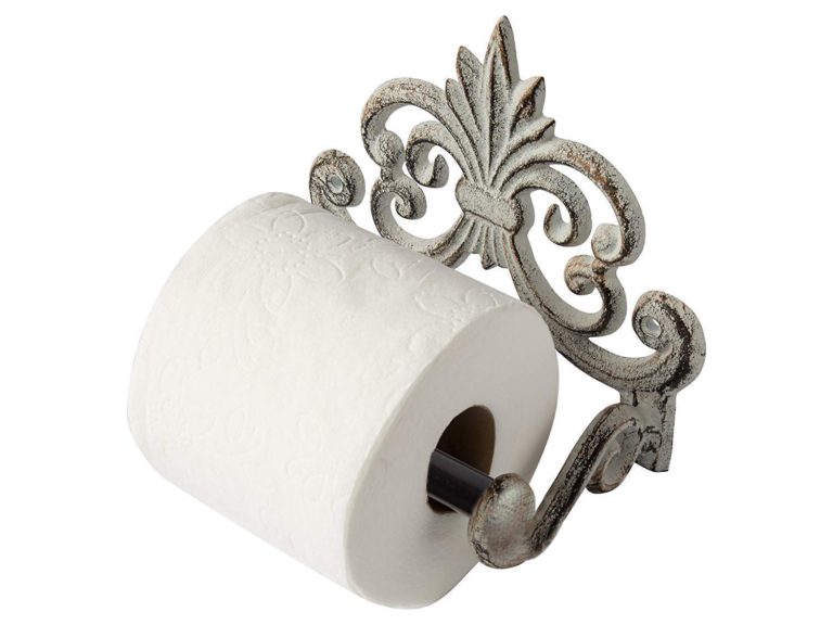 Comfify Fleur De Lis Cast Iron Toilet Paper Roll Holder - Cast Iron Wall Mounted Toilet Tissue Holder - European Vintage Design - 6.75" x 6.25" x 4.25” - with Screws and Anchors (Antique White) Antique White - $23.95