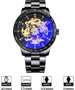 Gute Casual Mens Black Steel Skeleton Automatic Mechanical Coated Glass Wristwatch Blue - $46.95