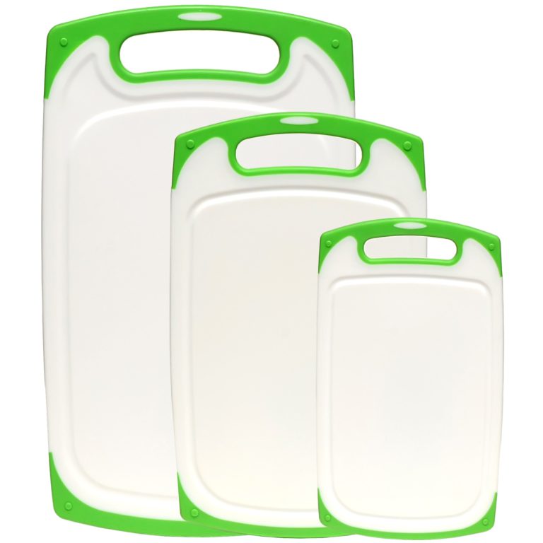 Dutis 3-Piece Dishwasher Safe Plastic Cutting Board Set with Non-Slip Feet and Drip Juice Groove, White with Lime Green - $18.95