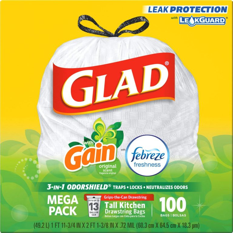 Glad Tall Kitchen Drawstring Trash Bags - OdorShield 13 Gallon White Trash Bag, Gain Original with Febreze Freshness - 100 Count (Packaging May Vary) - $22.95