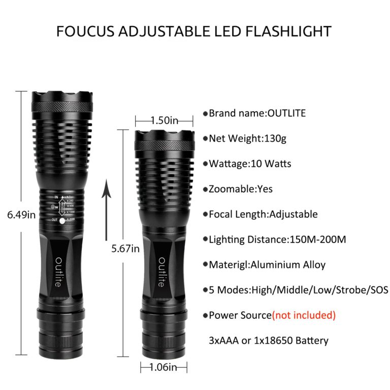 Tactical Flashlight Torch, Outlite E6 High-Powered LED Flash Light, Rechargeable Tac Light, Water Resistant Handheld Flashlight with Zoom Function and 5 Modes - $17.95