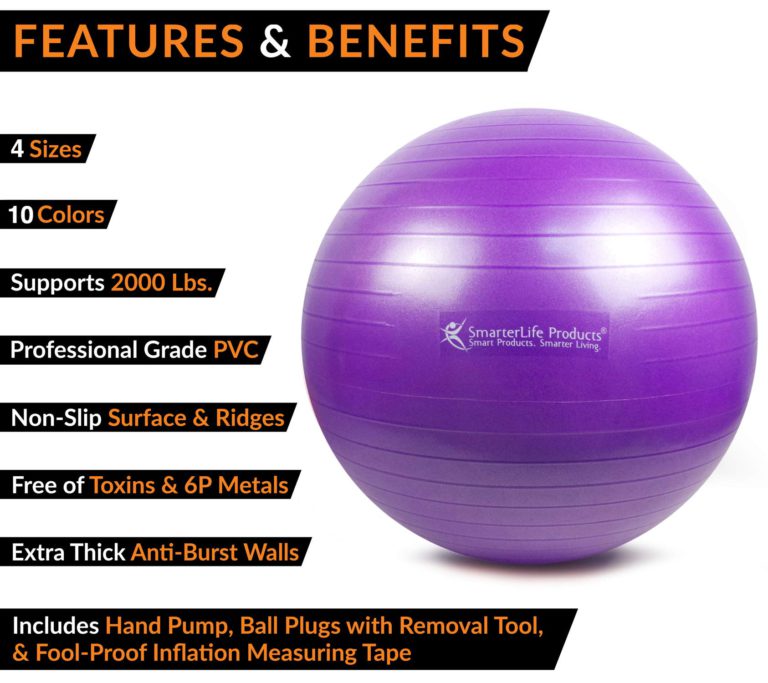Exercise Ball for Yoga, Balance, Stability from SmarterLife - Fitness, Pilates, Birthing, Therapy, Office Ball Chair, Classroom Flexible Seating - Anti Burst, No Slip, Workout Guide Purple 65 cm - $28.95