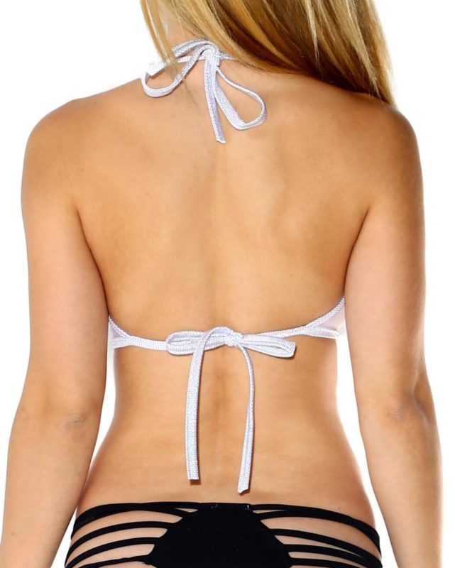 iHeartRaves Cutout Bikini Halter Rave Crop Top (One Size) Sheer Disco Trim White - $29.95