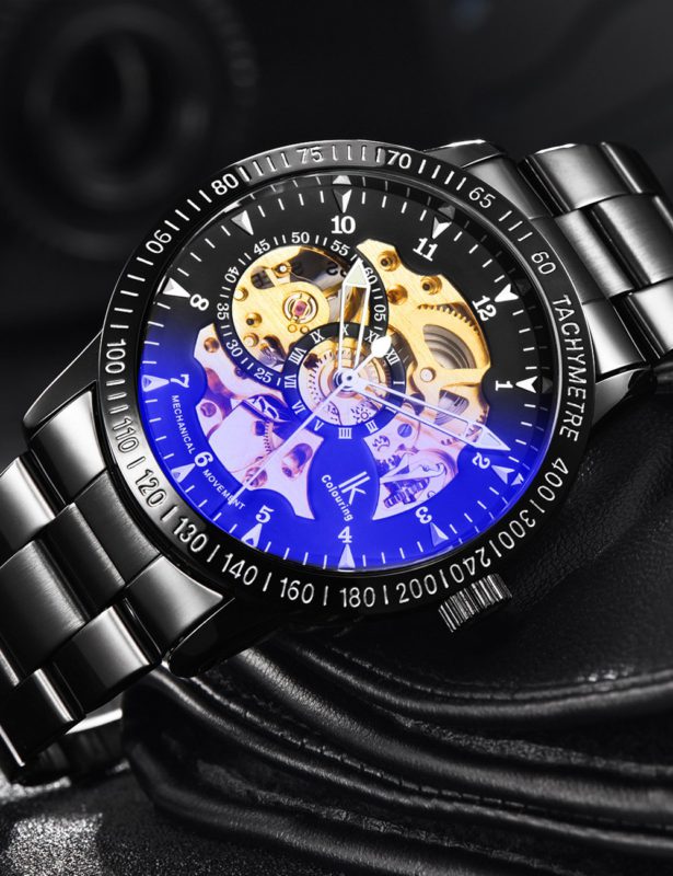 Gute Casual Mens Black Steel Skeleton Automatic Mechanical Coated Glass Wristwatch Blue - $46.95