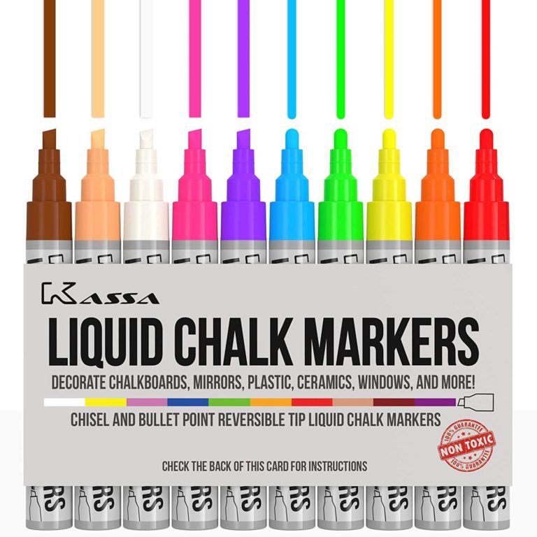 Kassa Liquid Chalk Markers for Blackboards (10 Neon Colors) - Chalkboard Marker Erasable on Glass, Window, Black Board, Mirror - Chalk Pens Include Reversible 6mm Chisel & Bullet Tip - $20.95
