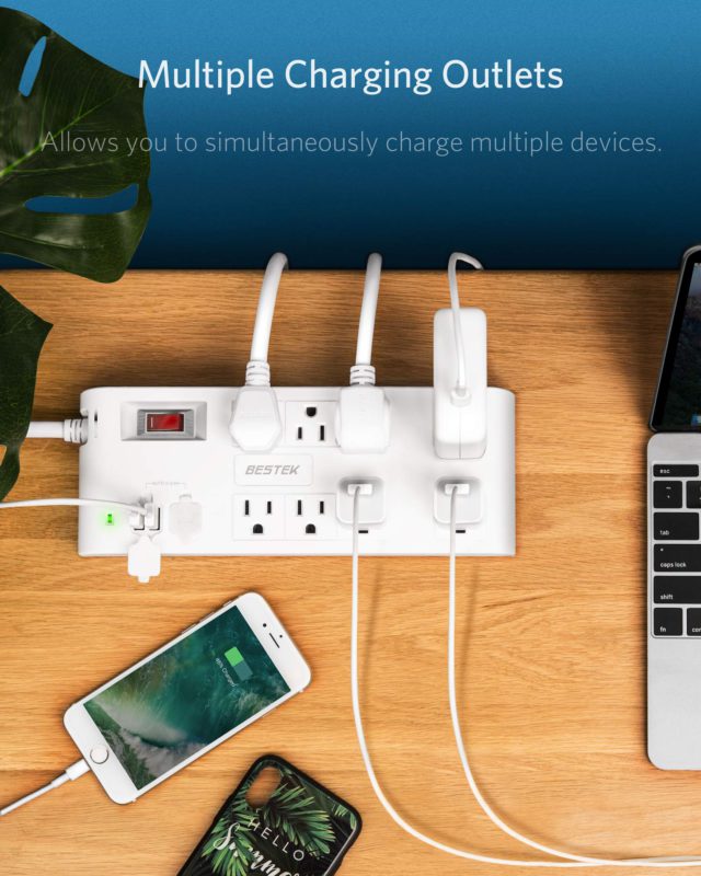 BESTEK 8-Outlet Surge Protector Power Strip with 4 USB Charging Ports and 6-Foot Heavy Duty Extension Cord, 600 Joules, FCC ETL Listed, White 6ft - 600 Joules - $31.95