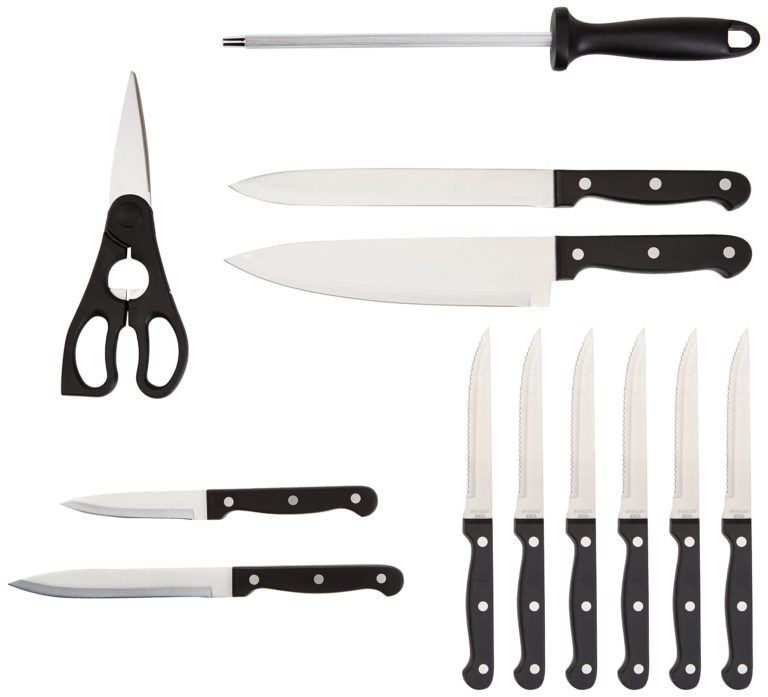 AmazonBasics 14-Piece Knife Set with High-carbon Stainless-steel Blades and Pine Wood Block - $30.95