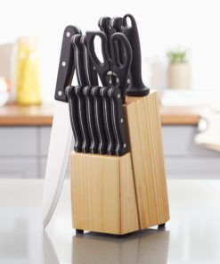 AmazonBasics 14-Piece Knife Set with High-carbon Stainless-steel Blades and Pine Wood Block - $30.95