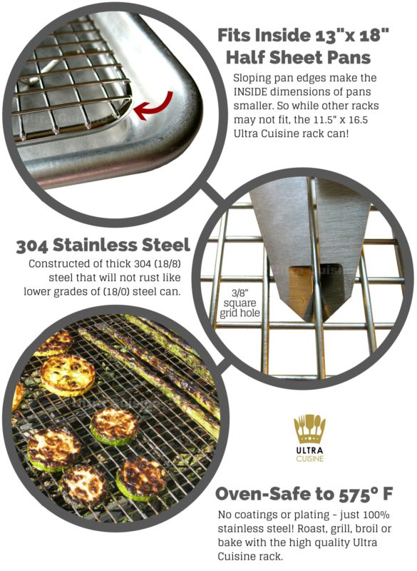 Ultra Cuisine 100% Stainless Steel Wire Cooling Rack for Baking fits Half Sheet Pans Cool Cookies, Cakes, Breads - Oven Safe for Cooking, Roasting, Grilling - Heavy Duty Commercial Quality 11.5" x 16.5" - $26.95