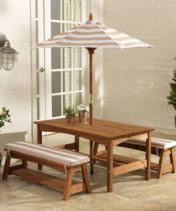 KidKraft 00 Outdoor Table and Bench Set with Cushions and Umbrella, Espresso with Oatmeal and White Striped Fabric Oatmeal and White Stripe 1 - $207.95