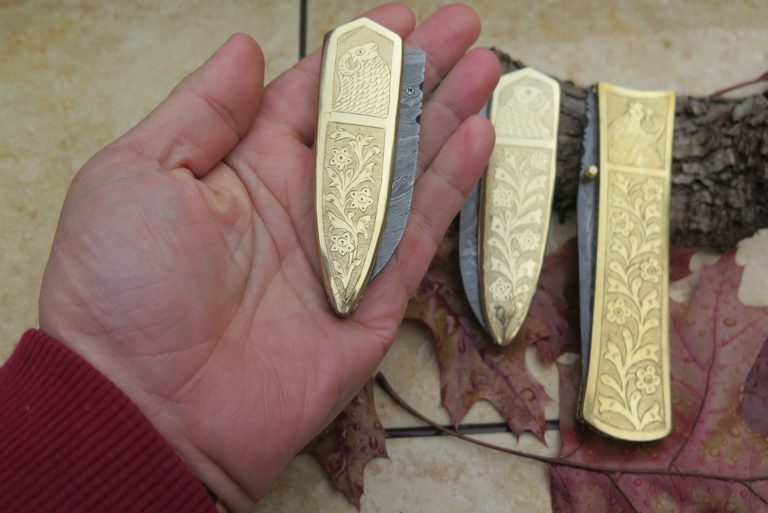 DKC Knives SALE DKC-45 GOLDEN RAM (large) Damascus Folding Pocket Knife 6" Folded, 11" Open 16oz Polished Brass Custom Engraved - $198.95