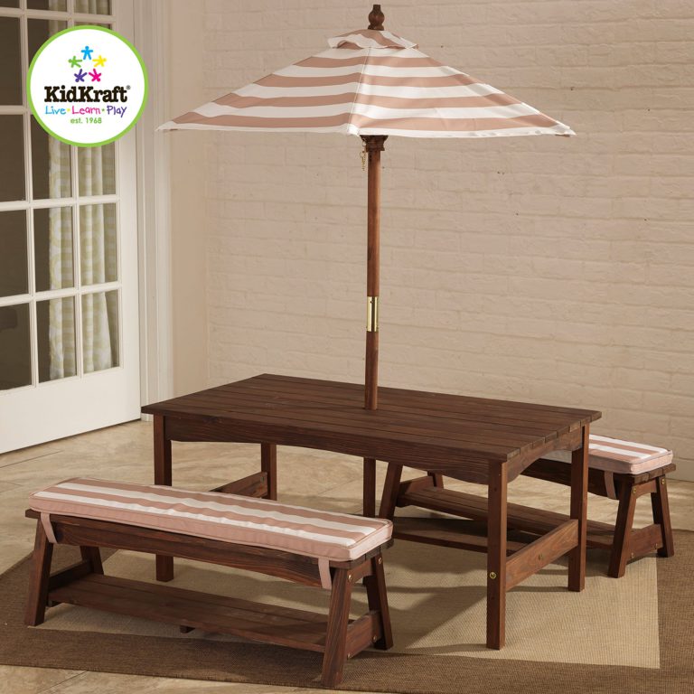 KidKraft 00 Outdoor Table and Bench Set with Cushions and Umbrella, Espresso with Oatmeal and White Striped Fabric Oatmeal and White Stripe 1 - $207.95
