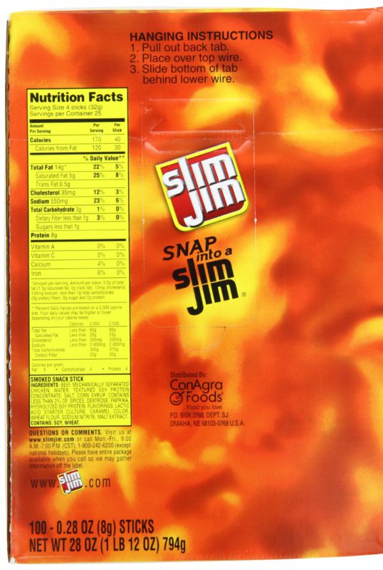 Slim Jim Smoked Snack Sticks, Original,28-Oz Total (Pack of 100) 0.28 Ounce (Pack of 100) - $26.95