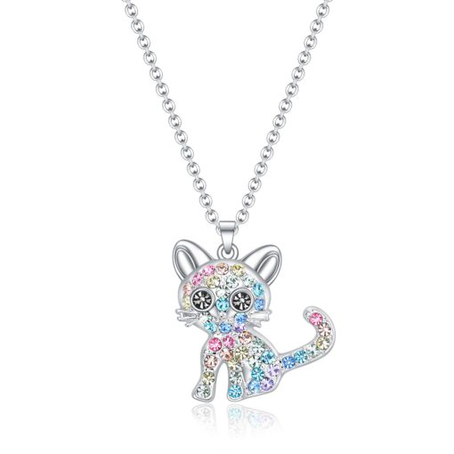 luomart Girls Cat Birthstone Necklaces Jewelry,Silver Plated Kitty Dog Pendant Gifts Set for Women Boys Men Rainbow Cat