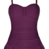 Hilor Women's 50's Retro Ruched Tankini Swimsuit Top with Ruffle Hem Burgundy 14