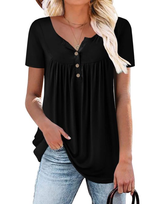 Mystry Zone Womens Henley V Neck Casual Blouse Button Down T Shirts Flare and Flowy Tops 6-black XX-Large