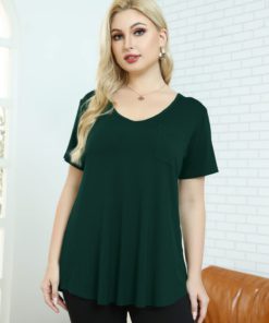 BELAROI Women Plus Size V-Neck Tunic Tops Loose T Shirt with Pocket Dark Green 2X 9 61xqV5z339L