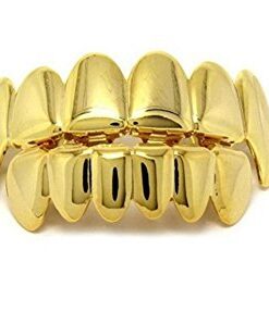 Lingduan 18K Gold Plated Hip Hop Removeable Mouth Grillz Set Removeable Fake Teeth Set Top and Bottom Denture Halloween Vampire Teeth Silver Flat Fake Teeth Set (Gold)