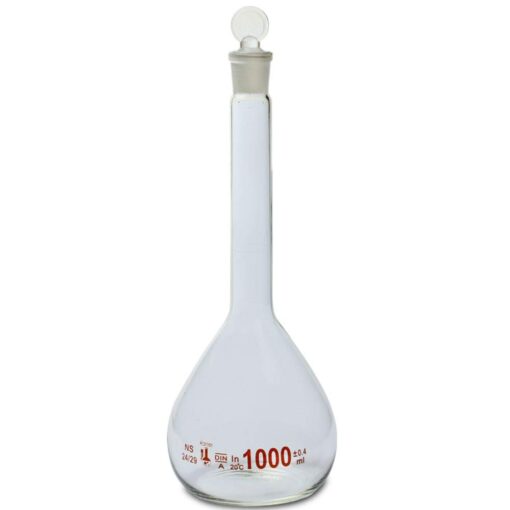 1000ml Volumetric Flask, 3.3 Boro Glass, Class A, Ground Stopper, Karter Scientific 213W12 (Single) 1000ml Pack of 1