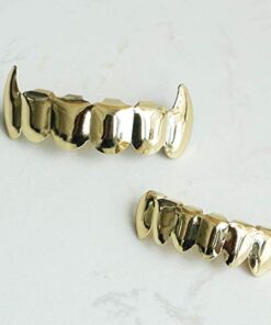 24K Plated Gold Grillz Vampire Fangs Caps Top And Bottom Grill Set Mouth Teeth For Son Gift + Extra Molding Bars + Microfiber Cloth 8 41J4RIPpguL