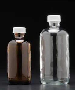 JG Finneran D0161-8 Amber Borosilicate Glass Standard Boston Round Bottle with Black Phenolic Closure, PE Cone Lined, 24-400mm Cap Size, 8oz Capacity (Pack of 12)