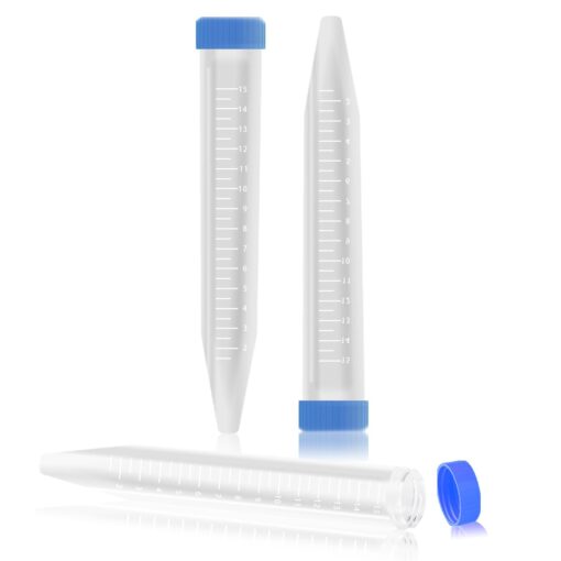 Bipee Plastic Centrifuge Tubes, 15ml, Conical Bottom, Graduated Marks, Blue Screw Cap, Pack of 100pcs