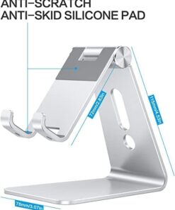 Adjustable Cell Phone Stand, OMOTON Aluminum Desktop Cellphone Stand with Anti-Slip Base and Convenient Charging Port, Fits All Smart Phones, Silver 19 41h0aYvv5pL