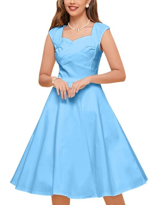 MUXXN Women's Vintage 1950s Midi A-Line Swing Tea Cap Sleevele Formal Fit and Flare Summer Dresses Airy Blue 1 Small