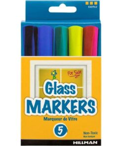 WINDOW MARKERS for Glass and Smooth Surfaces, 5-Color Pack by Hillman (black, blue, green, yellow & red) - Single 5-Pack