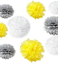 Somnr Set of 18PCS Mixed Size White Yellow Grey Party Tissue Pom Poms Wedding Birthday Party Baby Room Nursery Decoration