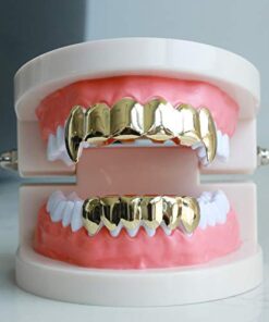 24K Plated Gold Grillz Vampire Fangs Caps Top And Bottom Grill Set Mouth Teeth For Son Gift + Extra Molding Bars + Microfiber Cloth 9 41t8SUGvHYL