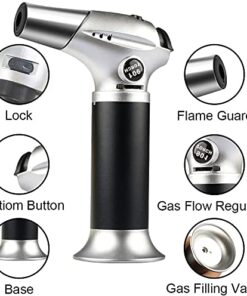 Alternative view of Blow Torch, Professional Kitchen Cooking Torch with Lock Adjustable Flame Refillable Mini Blow Torch Lighter for BBQ, Baking, Brulee Creme, Crafts and Soldering(Butane Gas Not Included) Silver+black