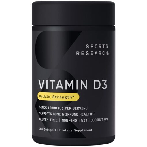 Sports Research Vitamin D3 2000 IU with Coconut MCT Oil - High Potency Vitamin D Supplement for Immune & Bone Support - Non-GMO Verified, Gluten & Soy Free – 50mcg, 360 Liquid Softgels D3 (2,000 IU)