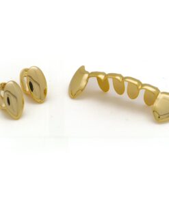 LuReen 14k Gold Vampire Dracula Teeth Grillz 2pc Single Fangs and 6 Bottom Grillz Set for Halloween Costume Cosplay 11 5105jSc GUL