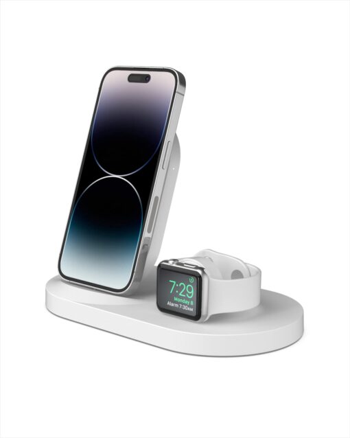 Belkin 3-In-1 Wireless Charging Station - Fast Wireless Charging For Apple Iphone 14, Iphone 13 & Iphone 12 Series & Apple Watch (All Series) - With Additional USB A Port For Multiple Devices (White) White Charging Dock