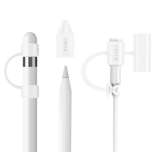 Fintie 3 Pieces Silicone Bundle Compatible with Apple Pencil 1st Generation, Soft Protective Cover Accessories Pencil Cap Holder with Nib Cover, Cable Adapter Tether, White