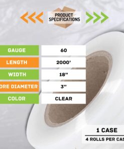 PSBM Stretch Wrap, 4 Pack, 18 Inch x 2000 Feet, 60 Gauge, Clear Plastic Cling, Cast Hand Stretch Film Rolls for Packaging Moving Packing Pallets 60 GA 10 5149gkXsQRL
