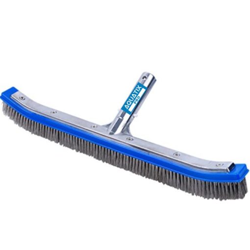 Aquatix Pro Pool Brush, 18" Heavy Duty Aluminium Back, Curved Ends for Corners, Scrub Brush w/Stainless Steel Bristles & EZ Clip, Swimming Pool Brushes for Cleaning Pool Walls, Tiles, Floors & Steps 1