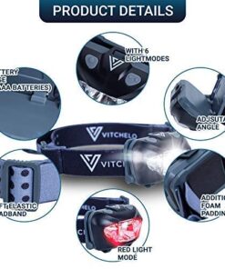 Alternative view of Vitchelo LED Headlamp Camping Light, Super Bright Waterproof Adjustable Head Light for Forehead, 6 Light Modes, 3 AAA Batteries Included, Red & White Flashlight for Camping Running Jogging Hiking Black