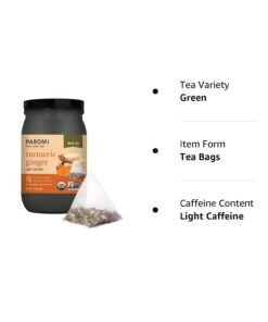 Paromi Tea Organic Turmeric Ginger Green Tea, 15 Pyramid Tea Bags - Non-GMO 15 Count (Pack of 1) 17 515RH8286gL