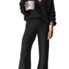 Viottiset Women's 2 Piece Outfits Casual V Neck Knit Wide Leg Sweater Lounge Set Sweatsuit Large Black