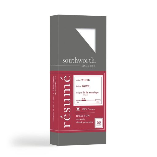 Southworth R1410L 100% Cotton #10 Resume Envelope 4 1/8 x 9 1/2 White 24lb Wove 50/Box (SOUR1410L)