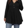 ALLEGRACE Women's Plus Size Henley V Neck Button Tunic Tops Long sleeve Swing Flowy Shirts 3X Black 16 518SnyNtBBL