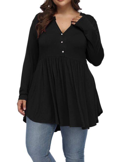 ALLEGRACE Women's Plus Size Henley V Neck Button Tunic Tops Long sleeve Swing Flowy Shirts 3X Black