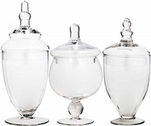 Home Essentials & Beyond Apothecary Jars with Lids Set of 3 Candy Jars for Candy Buffet, Glass décor, Laundry Room, Potpourri, and Bathroom