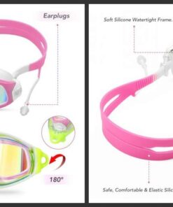 Alternative view of Kids Swimming Goggle Waterproof Clear Vision Anti Fog UV Protection No Leak Soft Silicone Frame and Strap and earplugs Pink White