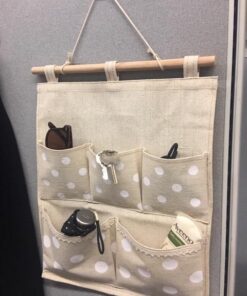 Homecube Linen Cotton Fabric Wall Door Cloth Hanging Storage Bag Case 5 Pocket Home Organizer (White Polka Dots) White 26 51BohogsmL